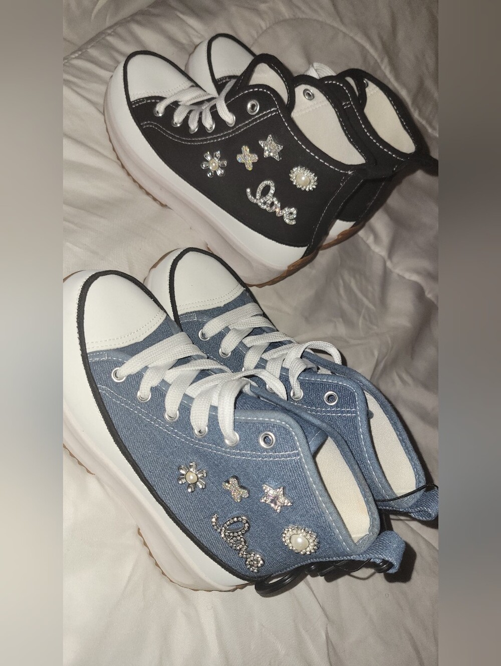 Kids Denim and Black Embellished High-Top Sneakers - Love Detail